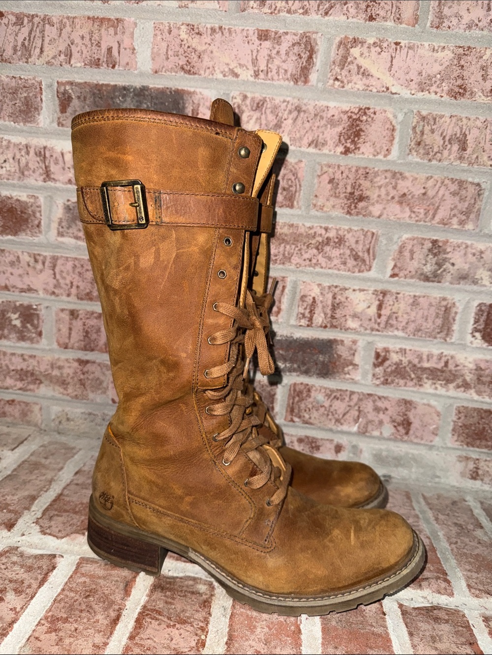 Women Timberland Tan Leather Lace-Up Mid-Calf Buckle Boots size 11M - Picture 9 of 13